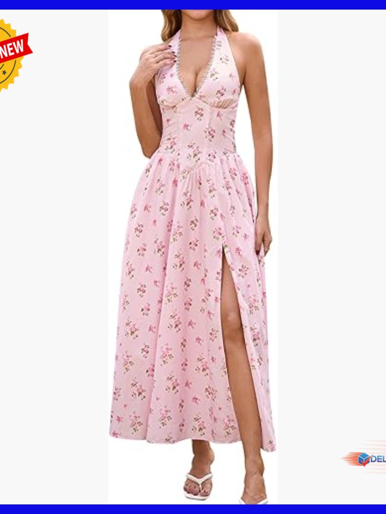Floral Halter Midi Dress With Lace V-Neck And Slit Summer Sundress